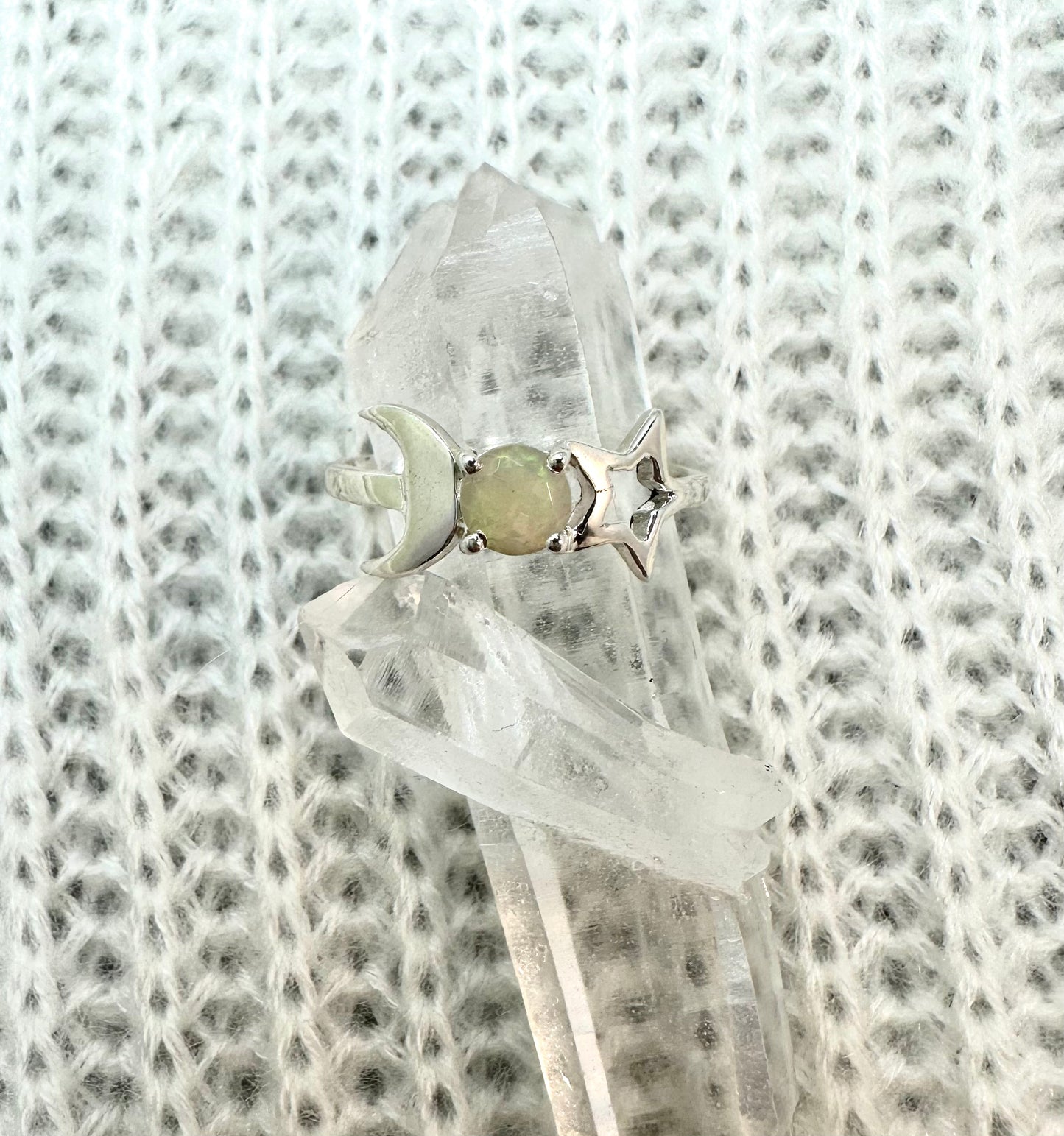 Celestial Star Moon Ethiopian Opal Sterling Silver Ring