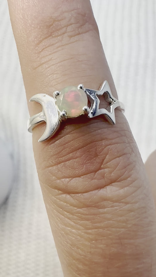 Celestial Star Moon Ethiopian Opal Sterling Silver Ring