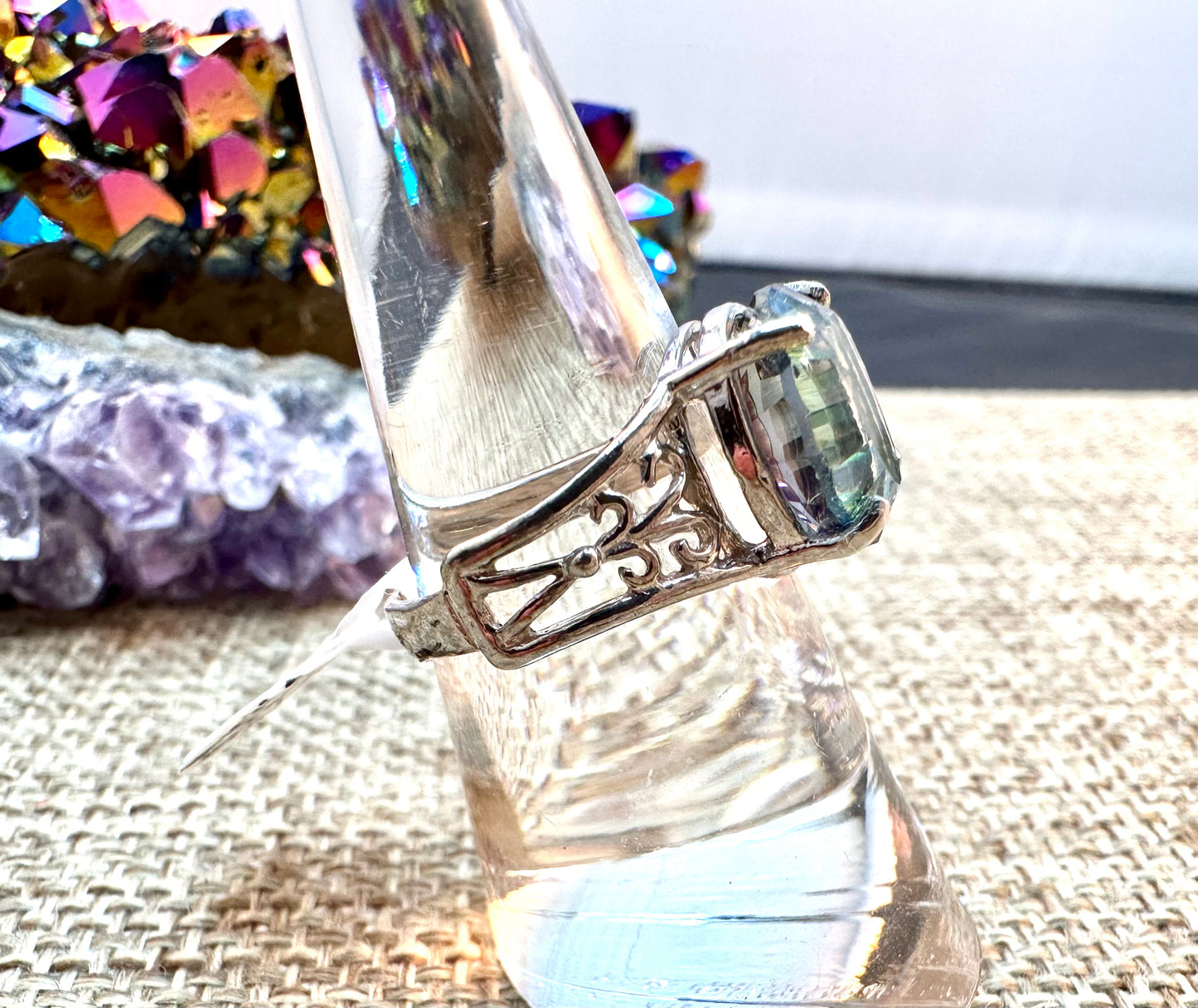 Mystic Aura Quartz Scrollwork Sterling Silver Ring