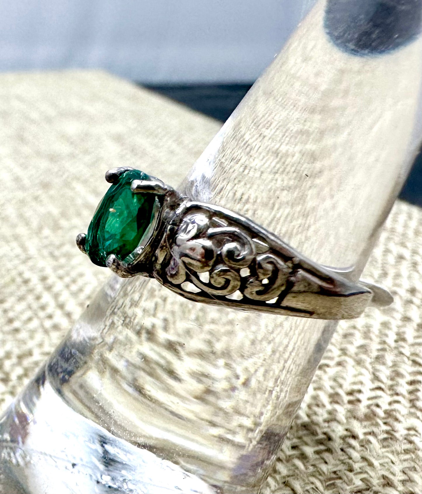 Green Obsidian Scrollwork Sterling Silver Ring