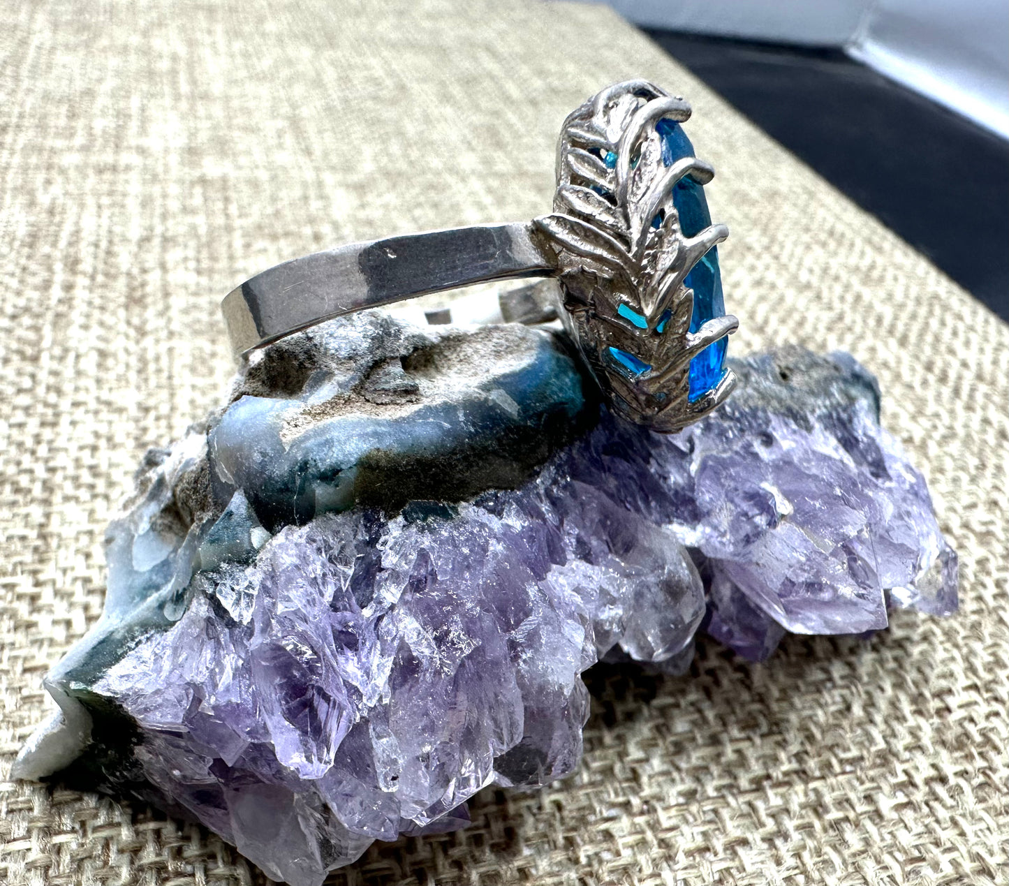 Blue Quartz Leaves and Thorn Sterling Silver Ring