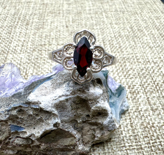 Garnet Marquis Flower Sterling Silver Ring